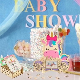 Adzt's Baby Shower Frame Guest Book Alternatives 63 Pcs Set,Baby Shower Guestbook with Photo Frame Baby Frame Keepsake,60 Wood Slices Guest Book for Birthday Baby Pink Unicorn