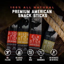 ICON Meats Snack Sticks Sampler - Assorted Flavors of Bison, Elk, Venison and Pork Jerky Sticks - 24 Pack of Individually Wrapped Meat Sticks, 6 Per Flavor – USDA Approved, All Natural Artisan Meats