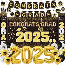 Graduation Decorations 2025, Black and Gold Class of 2025 decorations include Congrats Grad Banner Backdrop, 2025 graduation balloons,Grad 2025 Porch Banner for Graduation Party Supplies