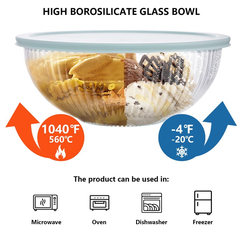 Luvan Glass Mixing Bowls with Lids Set(3.7QT, 2.1QT, 1.1QT),3PC Glass
