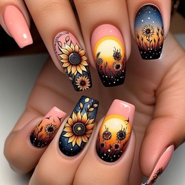 Summer Press on Nails Square Fake Nails Medium False Nails Sunset Starry Sky Sunflower Glue Artificial Glossy Stick Full Cover Spring Summer Acrylic for Women Nail Decor 24 PCS