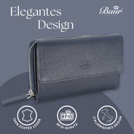 Baur Women's Genuine Leather Wallet with RFID Protection, Large Wallet, Many Card Slots, Wallet with Press Stud and Zip Coin Compartment, Women's Wallets, darkblue, Classic
