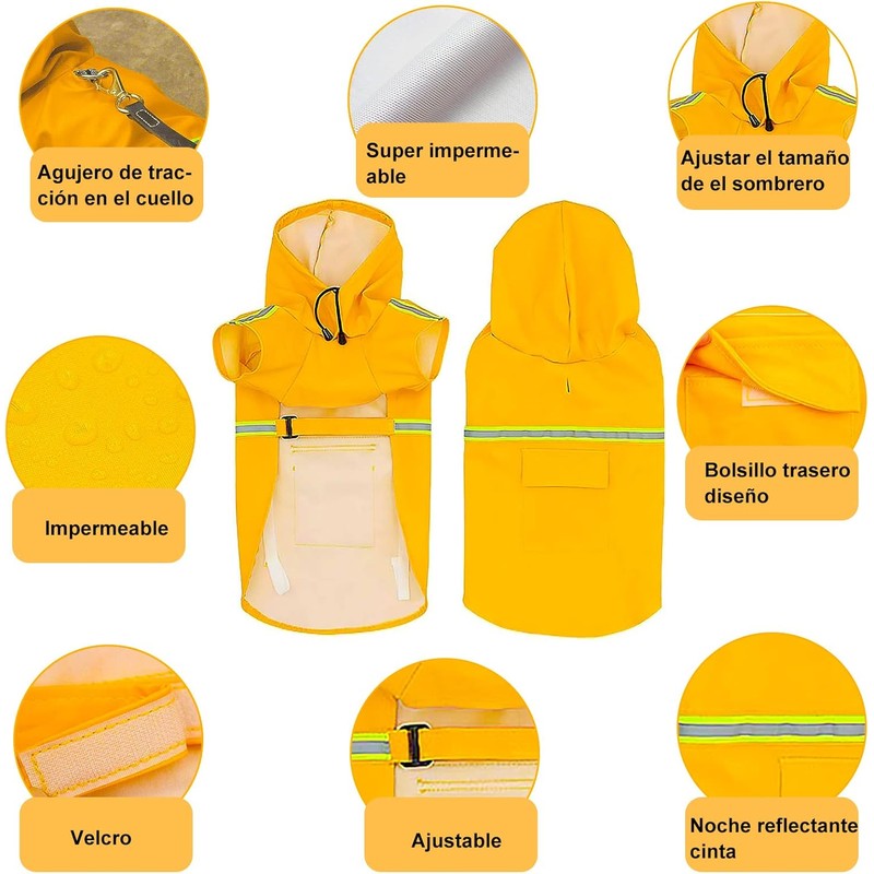 Impermeable para Perros con Capucha con Rayas Reflectantes，Ajustable，Resistente al Agua,