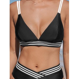 CUPSHE Women's Bikini Sets Two Piece Swimsuit High Waisted V Neck Color Block Bathing Suit Back Hook, M