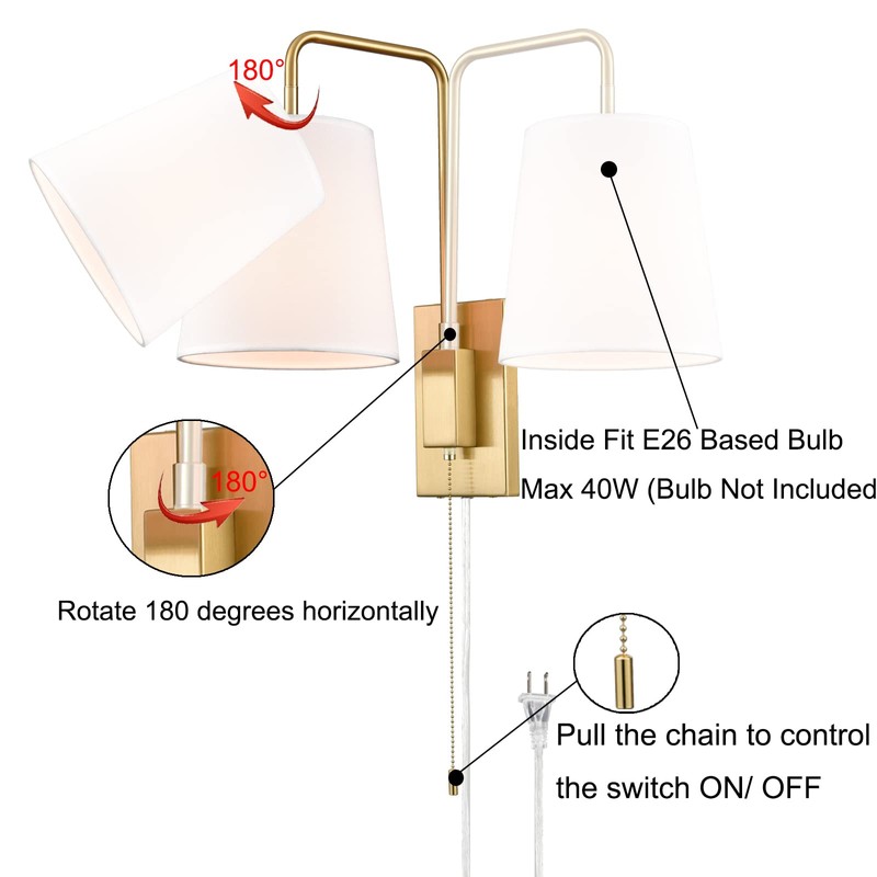 AXILAND Wall Sconces Set of Two, Gold Fabric Shade Wall