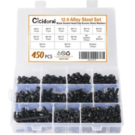 450 Pcs M5 x 6/8/10/12/16/20/25/30/35/40/45/50mm 12.9 Grade Alloy Steel Hex Socket Head Cap Screws Bolts with M5 Nuts, M5 Washers and 1 Pcs Hex Key Wrenches Assortment Kit