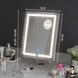 Makeup Mirror with Lights and Magnification, Arbitrary Adjustment Height and Angle Lighted Makeup Mirror, 360° Rotation, Touch Control, 3 Color Lighting Modes, Vanity Mirror with Lights for Bedroom