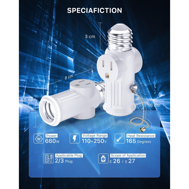 Letaclanic Light Socket to Plug Adapter, 2-Pack Pull Chain 2/3