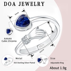 DOA Adjustable Sterling Silver Open Rings for Women, Hug September Birthstone Rings Women, Thumb Ring with Cubic Zirconia
