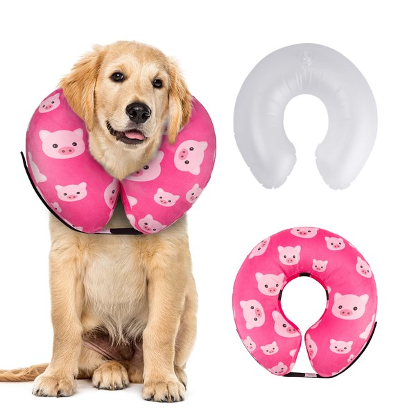 CuteBone Inflatable Dog Cone with Removable Soft Fleece Covers for