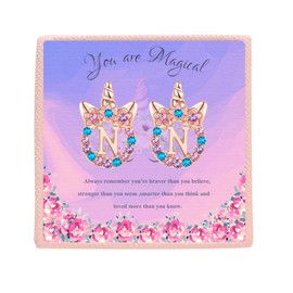 TRWWELL Cute Rose Gold Initial N Unicorn Hypoallergenic Stud Earrings CZ Rhinstone Initial Letter Stud Earrings Unicorns Jewelry Gifts for Girls 3 years old +