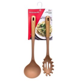 Frigidaire 2PC Beechwood Silicone Utensil Set, Large Soup Ladle, Large Pasta Fork, Heat-Resistant, Kitchen Cooking Utensils with Wooden Handle (ROSE)