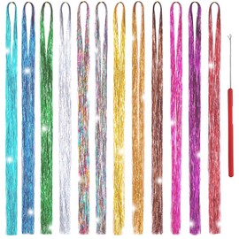 Hair Tinsel Strands Kit With Tools, 47 Inches 12 Colors 2400 Strands Sparkling Party Tinsel Hair Extensions Highlights Multi-Colors Synthetic Hair Streak Bling For Women Girls
