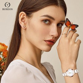RORIOS Wristwatch for Women Simple Ceramic Bracelet Watches Analogue Quartz Wrist Watch Elegant Diamond Watches Ladies Women's Business Watch White