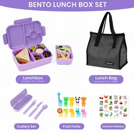 Bugucat Bento Lunch Box 1300ML with Bag - Leak-Proof with 5 Compartments, Cutlery for Kids and Adults - Snack Box for School, Kindergarten, Office,Purple