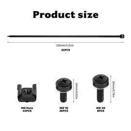 110 Pcs Rack Mount Cage Nuts Set, M6x16/20mm Server Rack Screws and Cage Nuts and Bolts & Washers Set for Audio Server Data Cabinets Console Mounting Routers Shelves, Inclu 22 Cable Ties(Black)