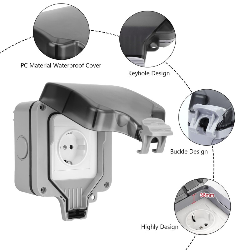 Outdoor Socket, Waterproof, Pack of 2 Outdoor Sockets, IP66 Garden