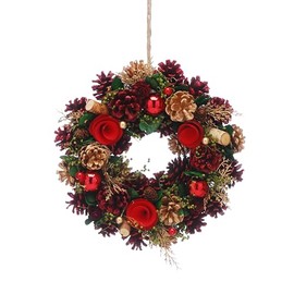 Festive Productions 30cm Green Christmas Wreath – Pinecones, Red Flowers & Baubles – Christmas Decoration, Perfect for Front Doors and Home - Decorative Wreath