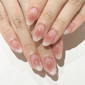 Amazleer 24Pcs French False Nails Short Ellipse Press On Nails, Pink Gradient Stick on Nail, Acrylic Full Cover Cute Nails for Women (Pink, 24-pcs)