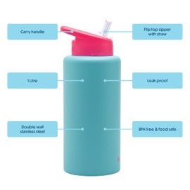 Smash Reusable 1 Litre Stainless Steel Double Wall Water Bottle with Flip Top Lid and Straw- Pink/Blue