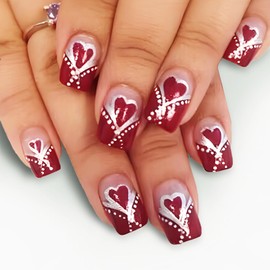 Valentines Press on Nails Red Heart Acrylic Fake Nail Glossy Red French Tips 24Pcs Medium Square False Nails Silver Polk Dots Stick on Nails Romantic Gift Gel Glue on Nail for Coquette Women Girls
