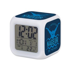 Fabulous Blue Cube Alarm Clock with Lighting - The World's Best Swimmer for Swimming in the Pool - 7.8 x 7.8 x 7.8 cm - Retro Lighting Multicolour LED