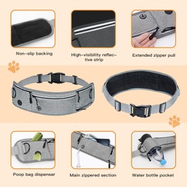 Hand Free Dog Lead, Dog Running Belt with Pockets & Poo Bag Holder, Adjustable Waist Leash with Reflective Bungee Lead & Durable Dual Handles for Jogging, Walking & Training (Grey)