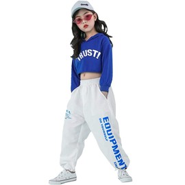 LOLANTA Girls' 2 Piece Dance Outfits Hip Hop Clothes, Kids' Cropped Hoodie White Pants Set Loose Fit (Blue, 6X-7)