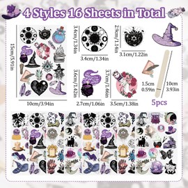 WANDIC 16 Sheets Rub On Transfer Sticker, Witch Theme Transfer Decals Sorceress Magic Hat Eye DIY Scrapbook Stickers for Greeting Cards Gift Wrapping Decoration,4 * 6in