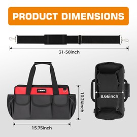 Kingfun Tool Bag For Men 16 Inch - 14-Pocket Heavy Duty Tool Bags Organizer, Adjustable Shoulder Strap Soft Toolbox Organization, Soft Handle Carrying Toolbag (Red）