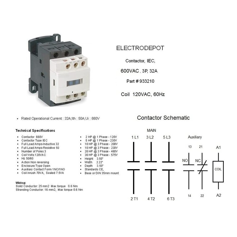 Electrodepot 30 Amp 6 Pole Contactor N/O 3x2 w Auxiliary