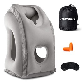 HAIYANLE Inflatable Travel Pillow - Multifunctional Travel Pillow for Adult Chin Supporting Travel Neck Pillow Airplane Sleeper Office Napping Pillow with Eye Mask, Earplugs and Portable Bag