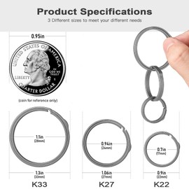 TISUR Titanium Key Rings for Keychain, Side-Pushing key chain rings Split keyring heavy duty Keychain Rings bulk, Grey, K33+4k22, Medium