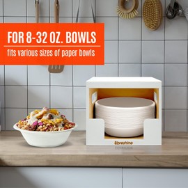 Libreshine Paper Bowl Dispenser, Kitchen Bamboo Paper Bowls Holder, Countertop & Under Cabinet Paper Bowl Organizer with Lid, Fit 10/12/20/32 oz. Paper Bowls (White)