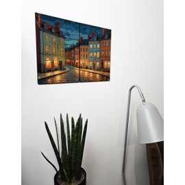 The Plum Penguin Rustic Autumn Dusk Townhouses Wall Art A4 Twin Set Printed on 6mm Wood MDF Canvas Alternative 40 x 30cm