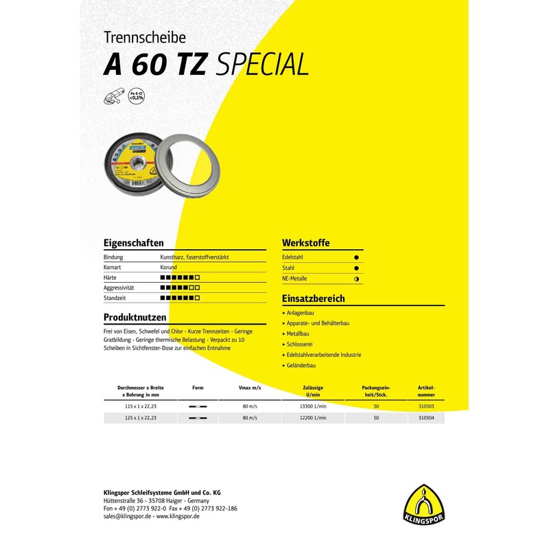 KLINGSPOR 310503 A 60 TZ Cutting discs 115 x 1