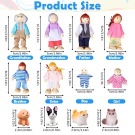 Ruikdly Wooden Dollhouse Dolls, 12 Pieces Dollhouse Wooden Dolls Family Set with Cat and Dog, Figures Dolls Bending Dolls for Dollhouse Accessories Gift