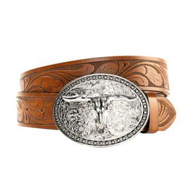 GENEMEN Western Cowboy Bull Buckle Belt for Men Women Cowgirl Floral Engraved Embossed Leather Belt for Jeans (A Brown Bull, 120)