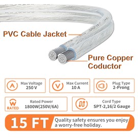 Zlierop 2 Pack 15 Ft Clear Extension Cord, UL-Certified Thin Extension Cord, 2 Prong Extension Cords, Male to Female Extension Cable 250V 10A, Indoor Extension Cords for Lighting