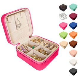 Jemjosh Small Travel Jewelry Box, Portable Mini Jewelry Leather Box Jewelry Ring Organizer Case Storage Holder Gift Boxes for Girls Women, hot pink