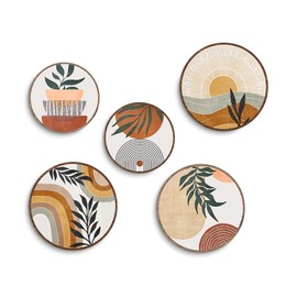 CSHVJ 5 Pcs Boho Wall Decor Sun Leaves Wall Art Bohemian Decor Rustic Wooden Hanging Sign Wood Plaque Geometric Minimalist Modern Decor Home Decor for Living Room Bedroom Farmhouse Office Wood Art