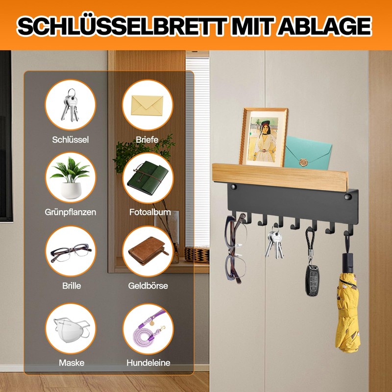 TINIFO Wooden Key Rack with Shelf - Key Holder Wall