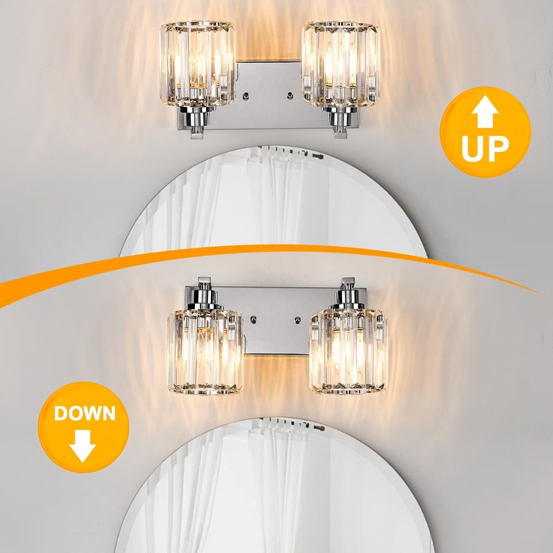 Haolaike 2 Lights Crystal Bathroom Vanity Light Modern Chrome Bathroom