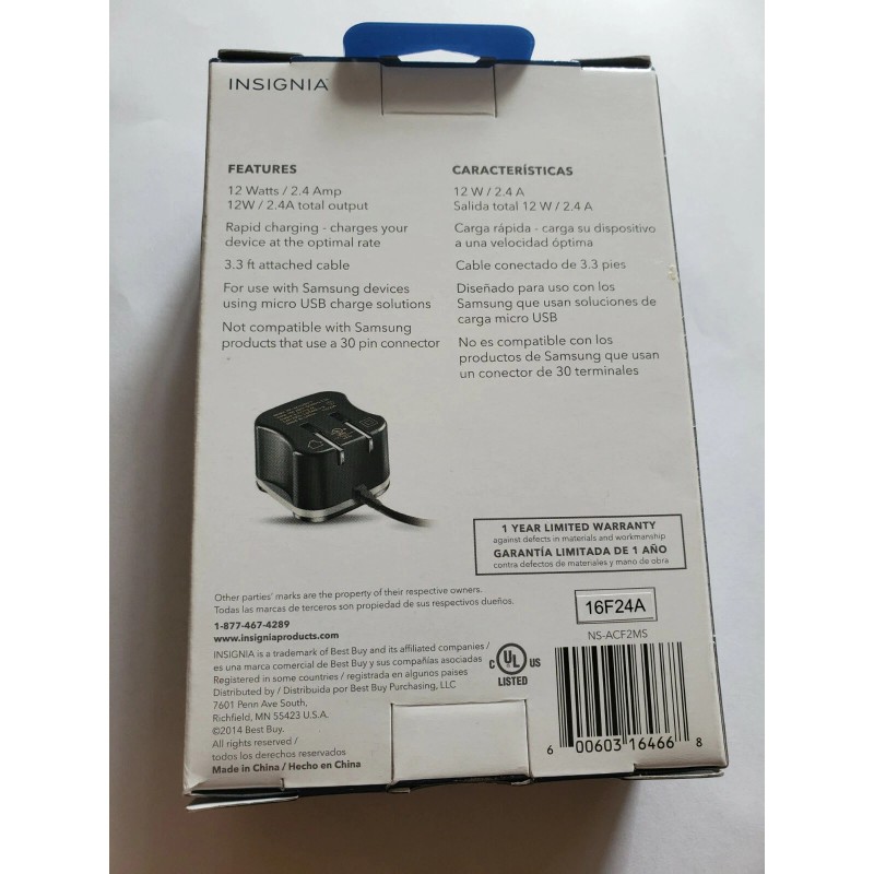 Insignia Micro USB Wall Charger 12 Watts NS-ACF2MS