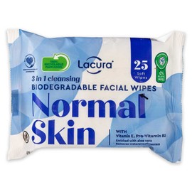 Lacura 3 In 1 Biodegradable Cleansing Facial Wipes For Normal Skin, Makeup Removal Wipes with Vitamin E, Pro-Vitamin B5, Aloe Vera, 2 Packs (50 wipes in total)