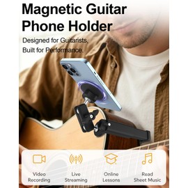 Magnetic Guitar Phone Holder Mount, Metal Arm 360° Rotatable Clip for Acoustic Guitar, Classical Guitar, Ukulele & Bass, Fits 4-7" Smartphones for Video Recording, Live Streaming & Online Lessons