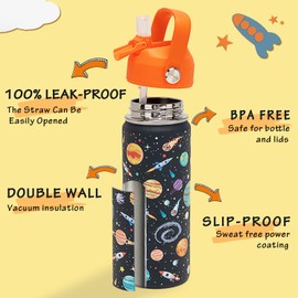 ACESAK 18oz Kids Insulated Water Bottle with Straw Lid - 18/8 Stainless Steel Kid Cup Travel Tumbler Double Wall Vacuum Leak Proof Portable Toddler Water Bottle (Space + Dinosaur)