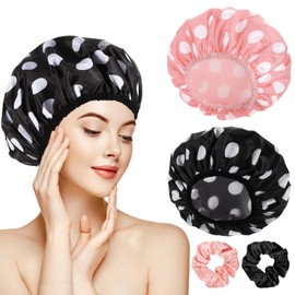 WSICSE 2 Sets Large Shower Caps for Women, Waterproof Shower Cap Double Layers Bath Caps Stocking Stuffers for Women Long Thick Hair