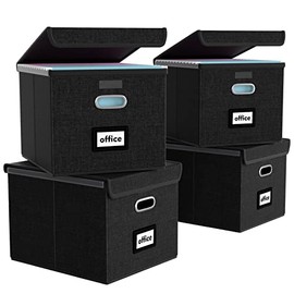 New Portable File Organizer Boxes Set of 4, Huolewa Collapsible Linen Hanging Filing Storage Boxes with Plastic Slide, Decorative Home/Office Filling System for File and Folders Storage (Black)