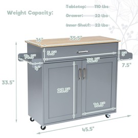 LOKO Kitchen Island Cart with Wheels, Rolling Kitchen Storage Cabinet with Drawer, Towel Rack, Spice Rack and Adjustable Shelf, Kitchen Cart for Kitchen and Dining Room, 45.5 x 16 x 33.5 inches (Grey)